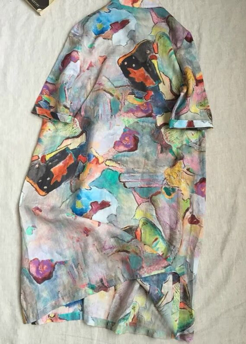 Loose Colorblock Stand Collar Button Print Cotton Dress Half Sleeve GH1027 Ada Fashion