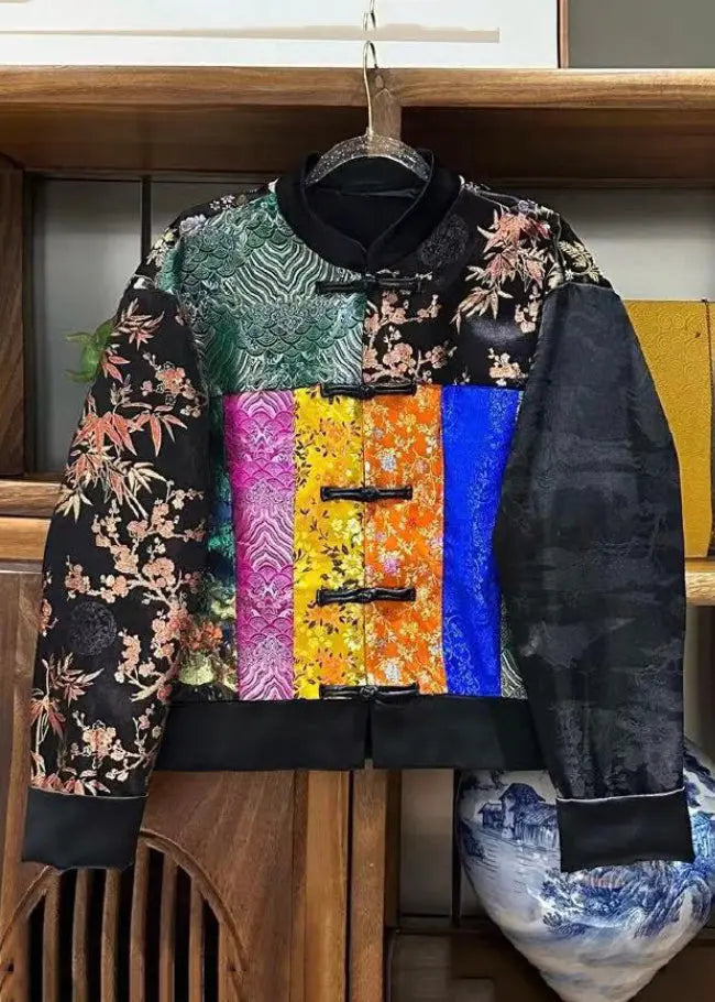 Loose Colorblock Stand Collar Button Silk Coat Long Sleeve Ada Fashion