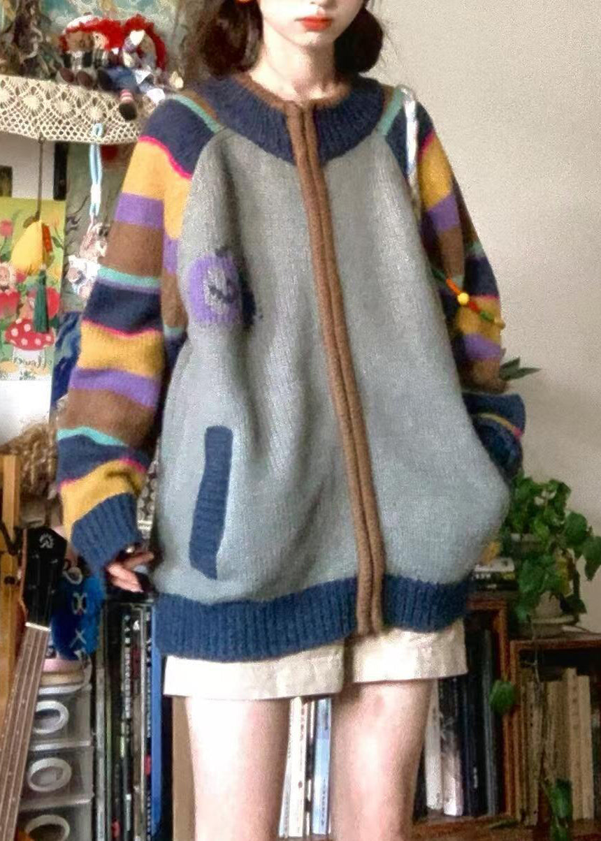 Loose Colorblock Zip Up Pockets Print Patchwork Knit Coat Spring TN045 ABC