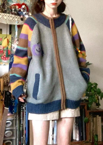 Loose Colorblock Zip Up Pockets Print Patchwork Knit Coat Spring TN045 ABC