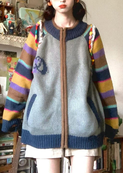 Loose Colorblock Zip Up Pockets Print Patchwork Knit Coat Spring TN045 ABC