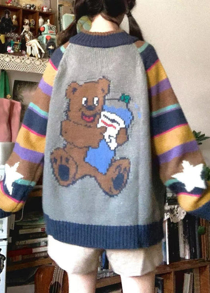 Loose Colorblock Zip Up Pockets Print Patchwork Knit Coat Spring TN045 ABC