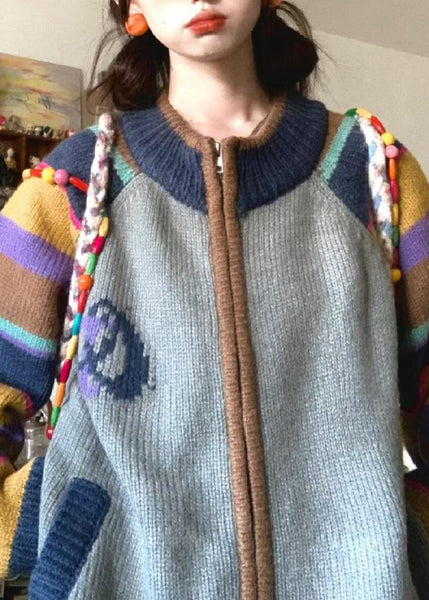 Loose Colorblock Zip Up Pockets Print Patchwork Knit Coat Spring TN045 ABC