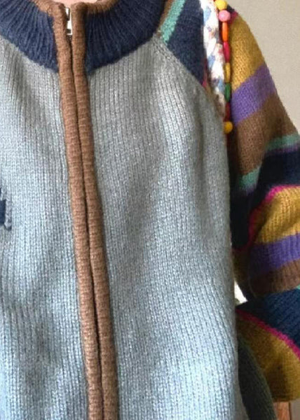 Loose Colorblock Zip Up Pockets Print Patchwork Knit Coat Spring TN045 ABC