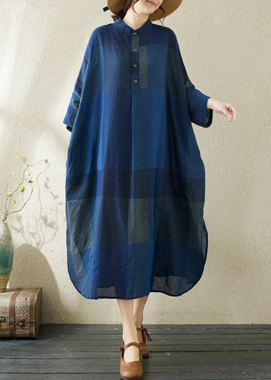 Plaid Dark Loose Stand Blue Side Dresses Collar Open Long FashionChic