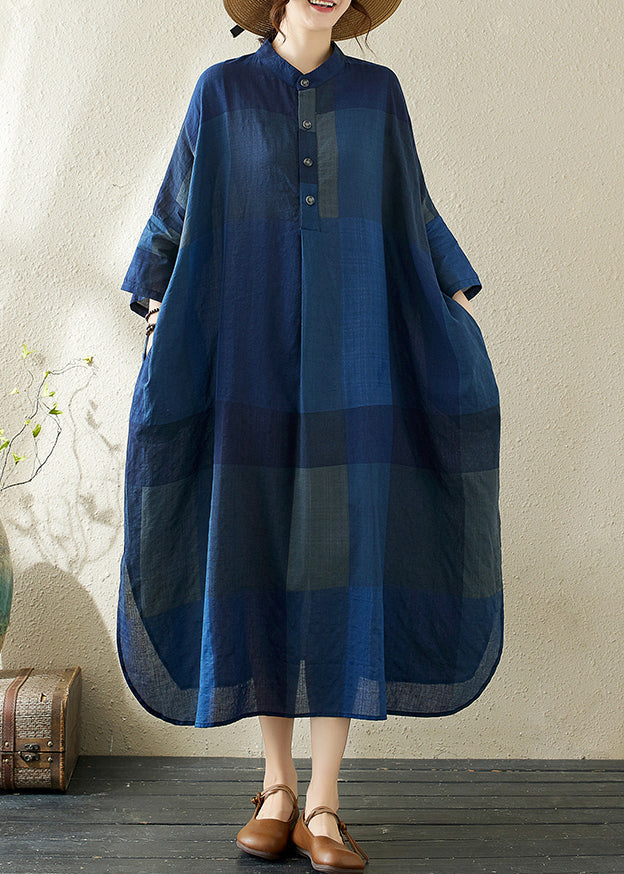 Plaid Dark Loose Stand Blue Side Dresses Collar Open Long FashionChic
