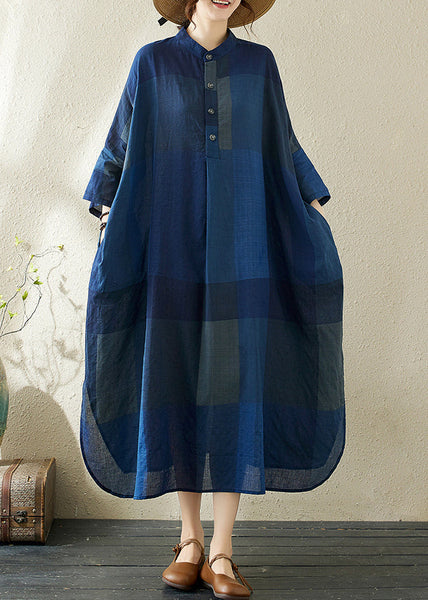 Plaid Dark Loose Stand Blue Side Dresses Collar Open Long FashionChic