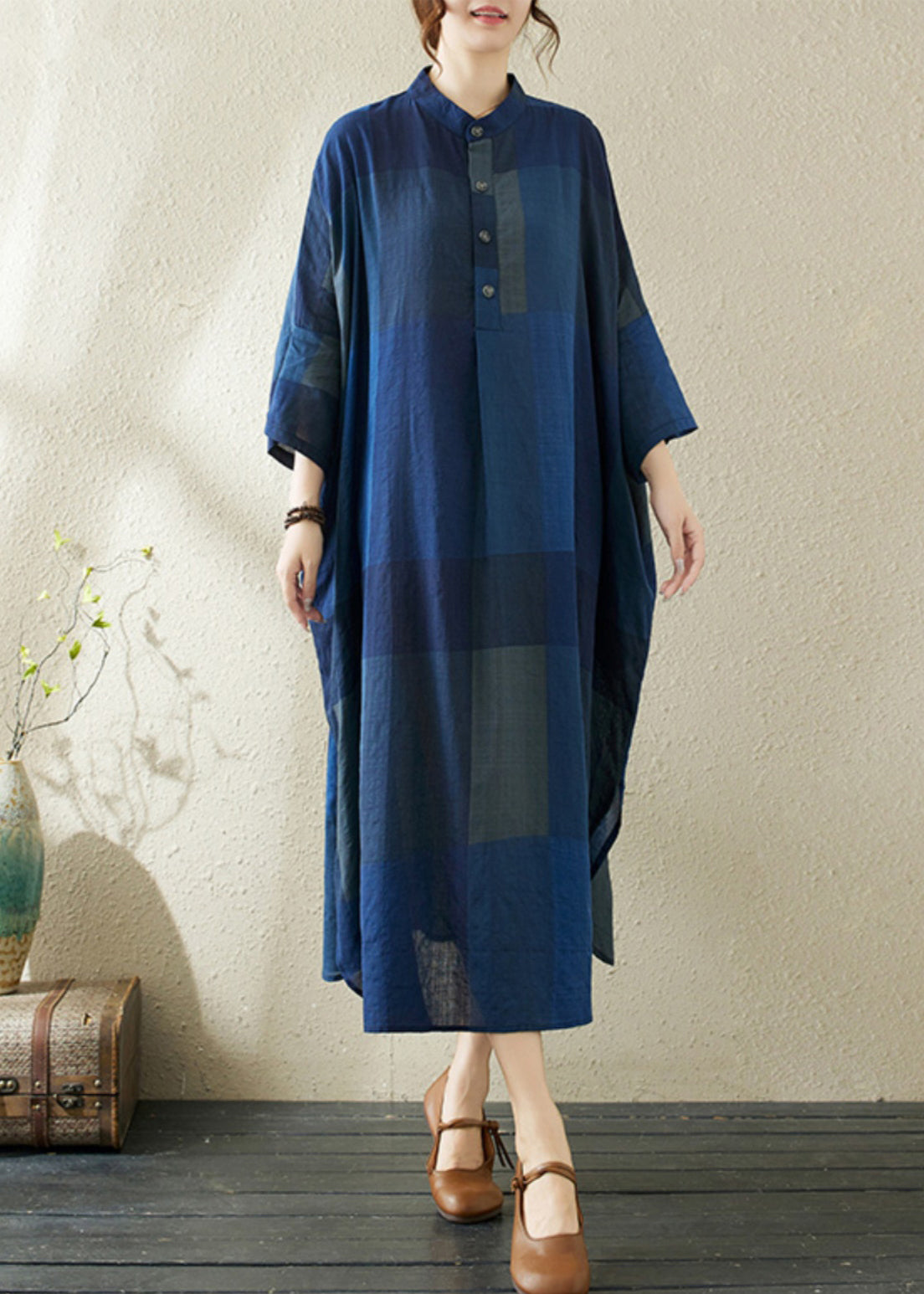 Plaid Dark Loose Stand Blue Side Dresses Collar Open Long FashionChic
