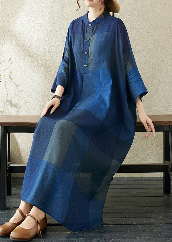 Plaid Dark Loose Stand Blue Side Dresses Collar Open Long FashionChic