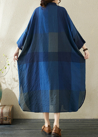 Plaid Dark Loose Stand Blue Side Dresses Collar Open Long FashionChic