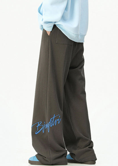 Loose Dark Gray Embroideried Pockets Cotton Mens Wide Leg Pants Spring RM052 ABC