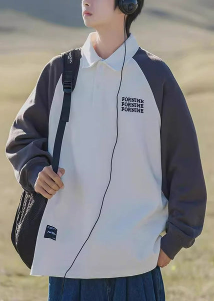 Gray Spring Button Sweatshirt TC016 Cotton Dark Print Loose Patchwork Men