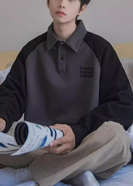 Gray Spring Button Sweatshirt TC016 Cotton Dark Print Loose Patchwork Men