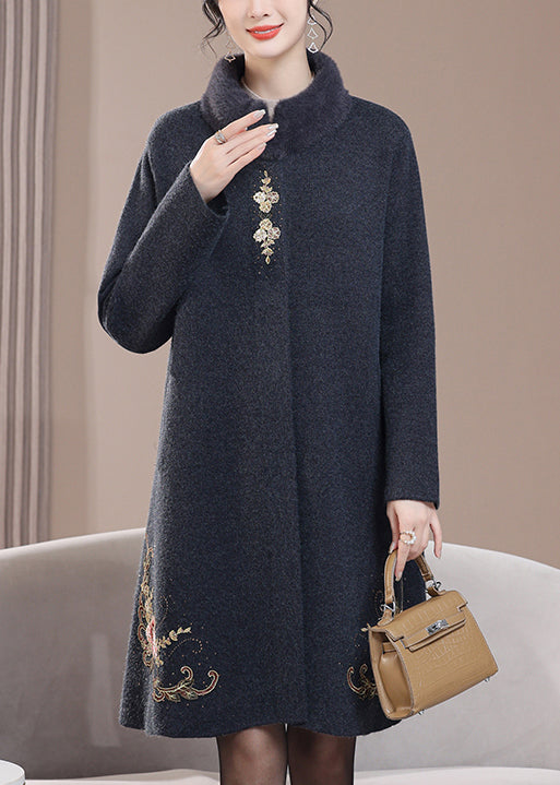 Loose Dark Gray Stand Collar Zircon Pockets Wool Coats Spring RZ020 ABC