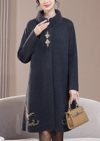 Loose Dark Gray Stand Collar Zircon Pockets Wool Coats Spring RZ020 ABC