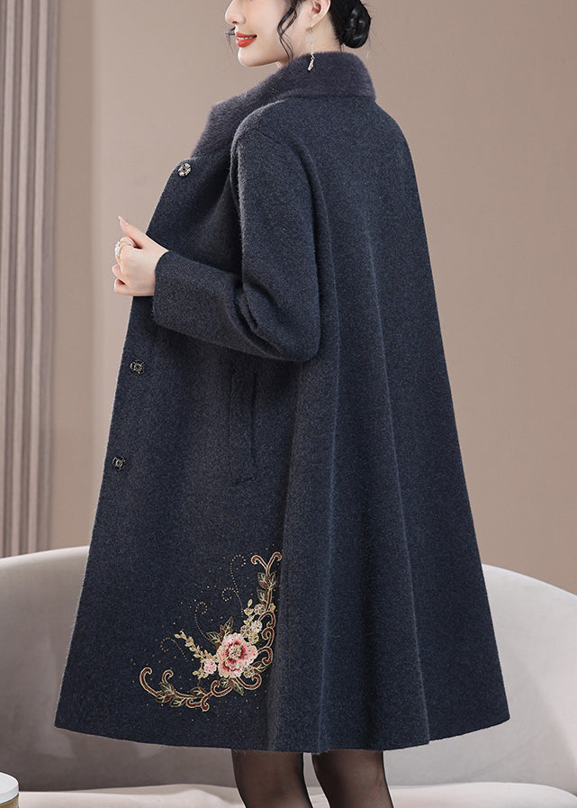 Loose Dark Gray Stand Collar Zircon Pockets Wool Coats Spring RZ020 ABC