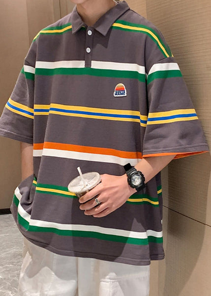 Half Sleeve Shirts Dark Gray Cotton Striped Loose Button Polo FashionChic