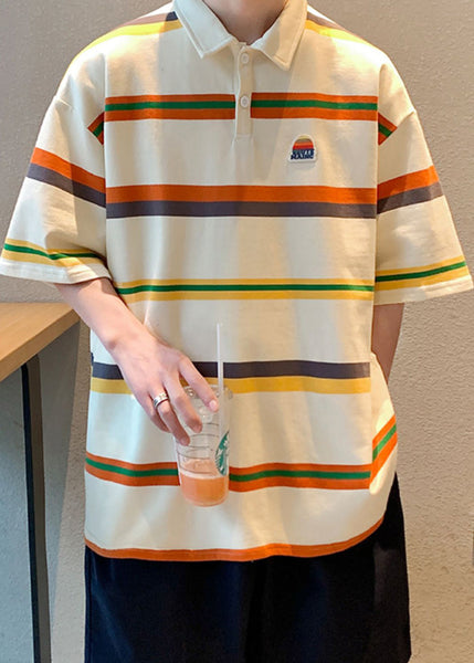 Half Sleeve Shirts Dark Gray Cotton Striped Loose Button Polo FashionChic