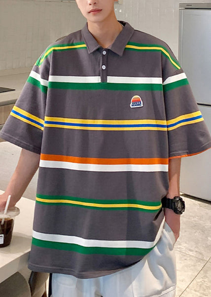 Half Sleeve Shirts Dark Gray Cotton Striped Loose Button Polo FashionChic