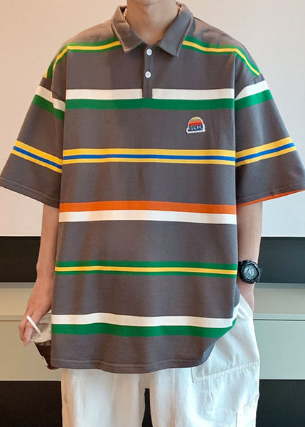 Half Sleeve Shirts Dark Gray Cotton Striped Loose Button Polo FashionChic