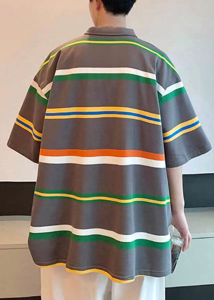 Half Sleeve Shirts Dark Gray Cotton Striped Loose Button Polo FashionChic