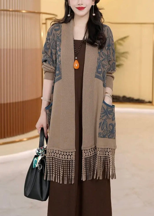 Loose Dark Khaki Tasseled Pockets Knit Cardigans Winter RF016 ABC