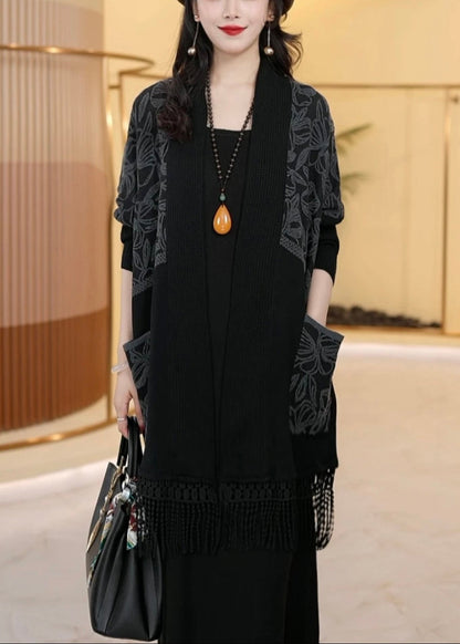 Loose Dark Khaki Tasseled Pockets Knit Cardigans Winter RF016 ABC