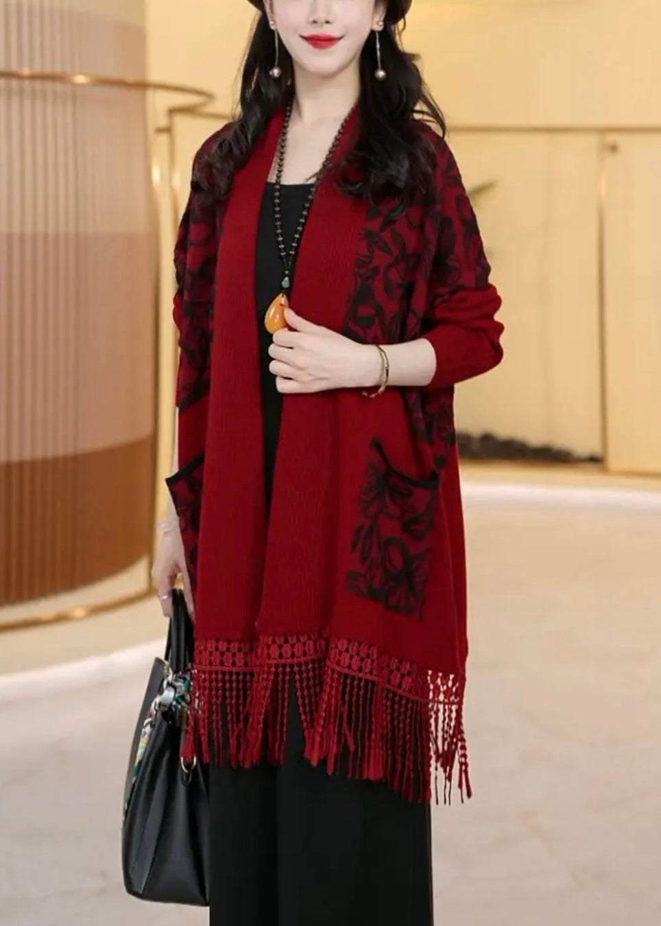 Loose Dark Khaki Tasseled Pockets Knit Cardigans Winter RF016 ABC