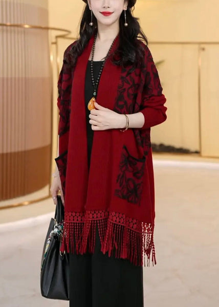 Loose Dark Khaki Tasseled Pockets Knit Cardigans Winter RF016 ABC