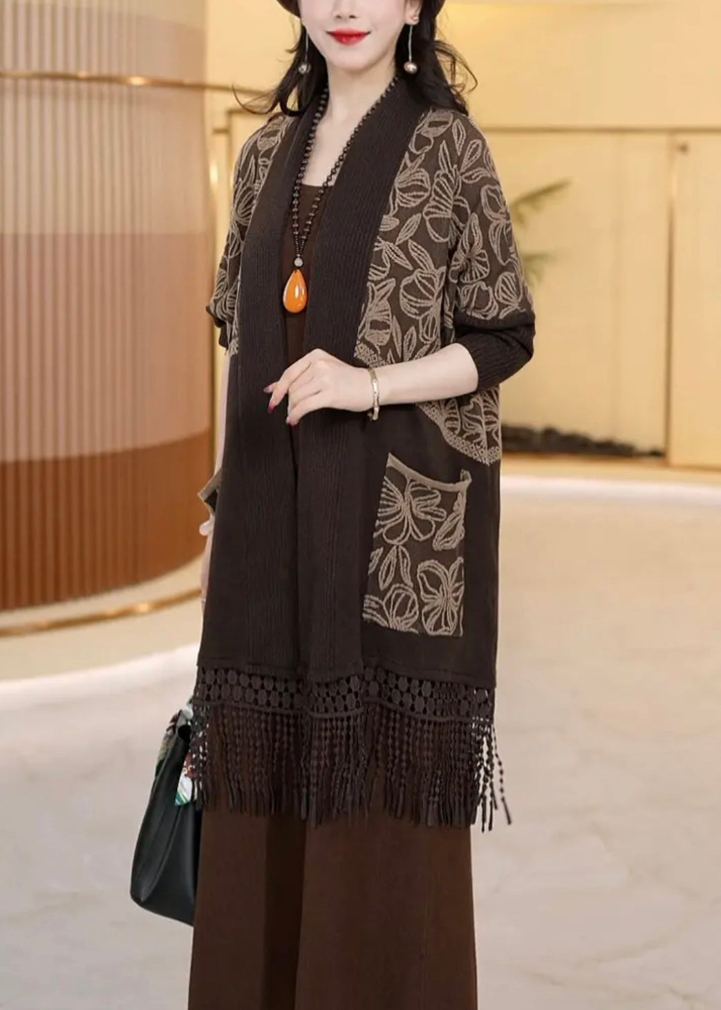 Loose Dark Khaki Tasseled Pockets Knit Cardigans Winter RF016 ABC