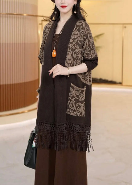 Loose Dark Khaki Tasseled Pockets Knit Cardigans Winter RF016 ABC