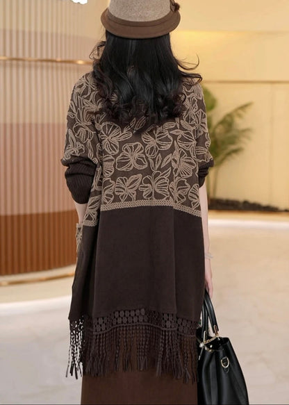 Loose Dark Khaki Tasseled Pockets Knit Cardigans Winter RF016 ABC