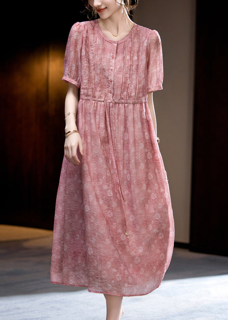 Loose Dark Pink O-Neck Print Wrinkled Silk Long Dress Short Sleeve WW047 OL-SDL240812