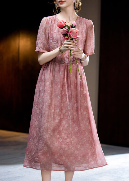 Loose Dark Pink O-Neck Print Wrinkled Silk Long Dress Short Sleeve WW047 OL-SDL240812