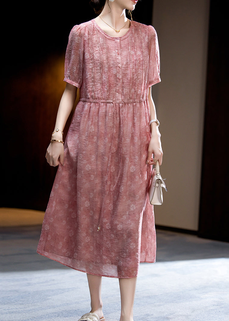 Loose Dark Pink O-Neck Print Wrinkled Silk Long Dress Short Sleeve WW047 OL-SDL240812