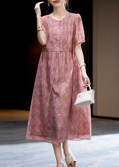 Loose Dark Pink O-Neck Print Wrinkled Silk Long Dress Short Sleeve WW047 OL-SDL240812