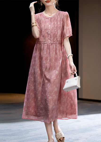 Loose Dark Pink O-Neck Print Wrinkled Silk Long Dress Short Sleeve WW047 OL-SDL240812