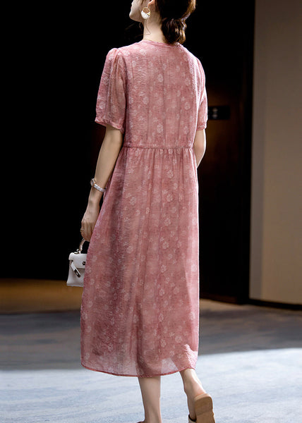 Loose Dark Pink O-Neck Print Wrinkled Silk Long Dress Short Sleeve WW047 OL-SDL240812