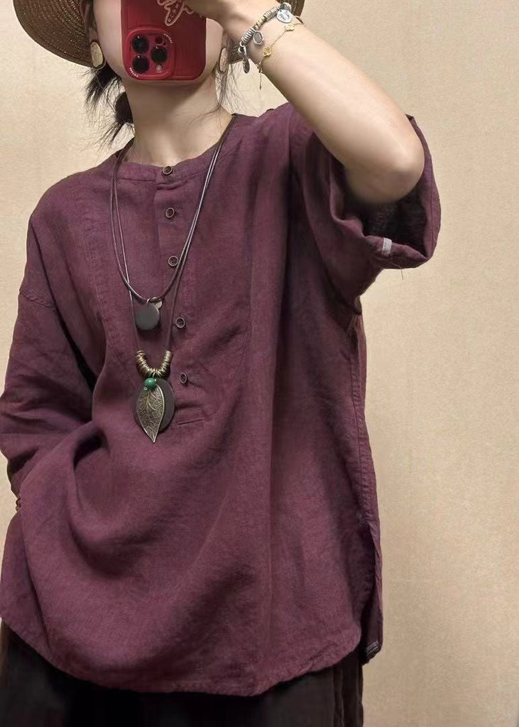 Loose Dark Red O-Neck Button Cotton Top Bracelet Sleeve FF038 MZF-HTP240607