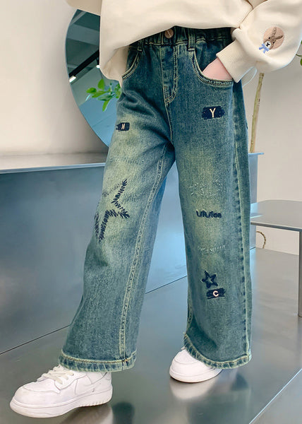 Loose Denim Blue Embroideried Elastic Waist Girls Wide Leg Pants TV016