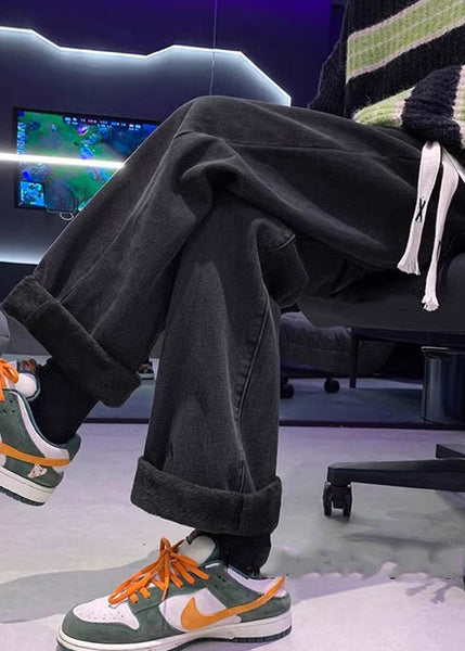 Loose Denim Blue Original Design Elastic Waist Warm Fleece Mens Pants Spring RM029 ABC