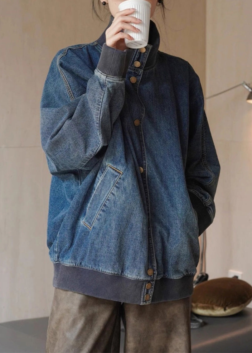 Loose Denim Blue Stand Collar Pockets Button Coats Spring RP011 ABC
