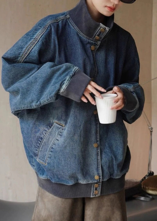 Loose Denim Blue Stand Collar Pockets Button Coats Spring RP011 ABC