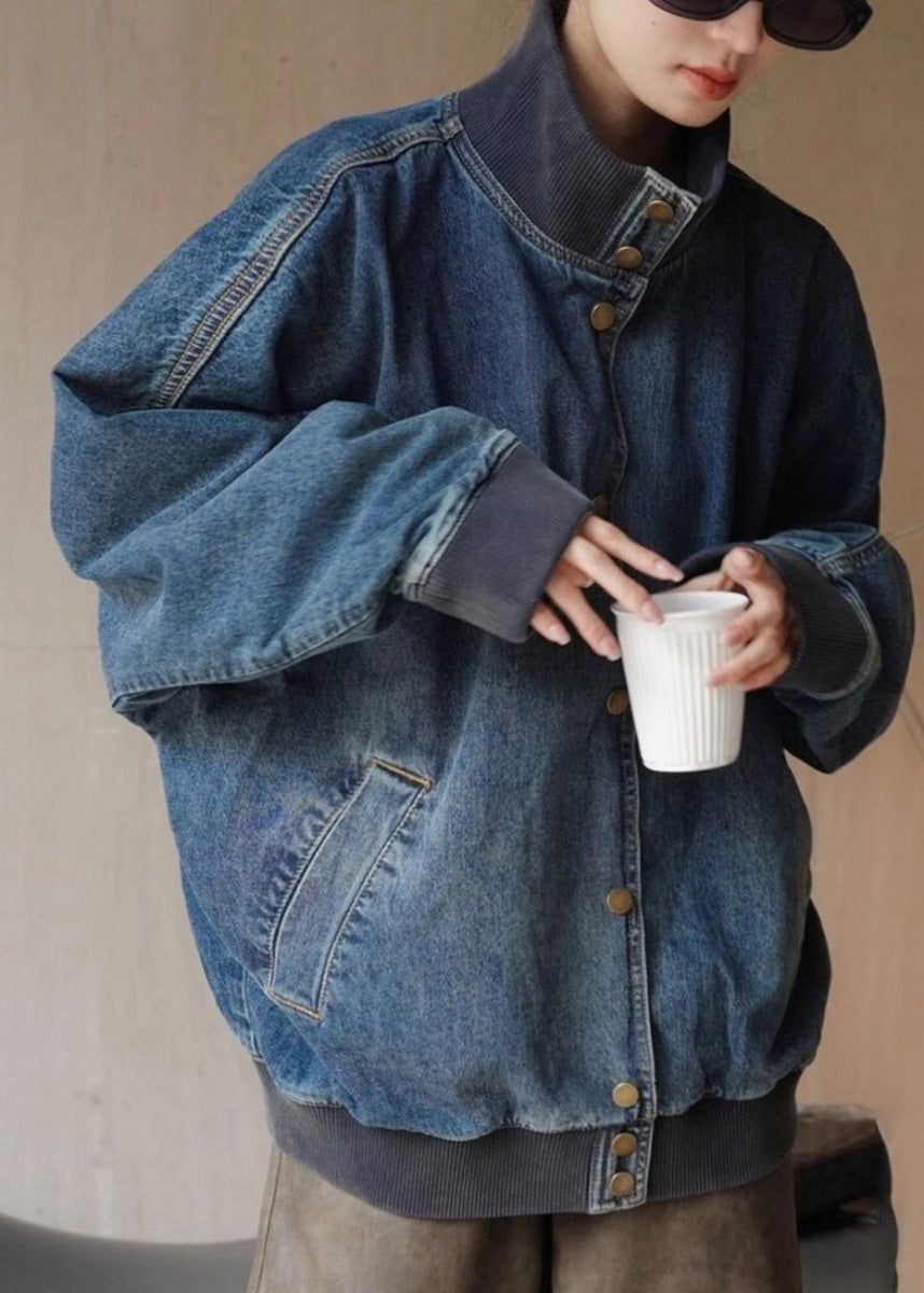 Loose Denim Blue Stand Collar Pockets Button Coats Spring RP011 ABC