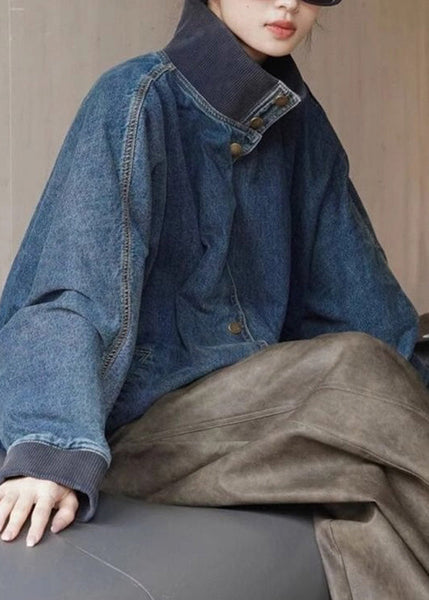 Loose Denim Blue Stand Collar Pockets Button Coats Spring RP011 ABC