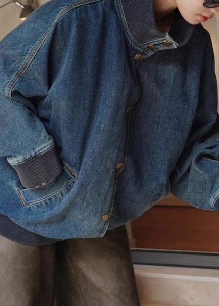 Loose Denim Blue Stand Collar Pockets Button Coats Spring RP011 ABC