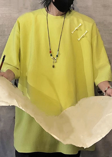 Cotton Button Green Fluorescent Shirts Loose Half Men T Solid FashionChic