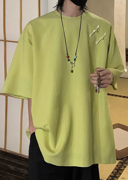 Cotton Button Green Fluorescent Shirts Loose Half Men T Solid FashionChic