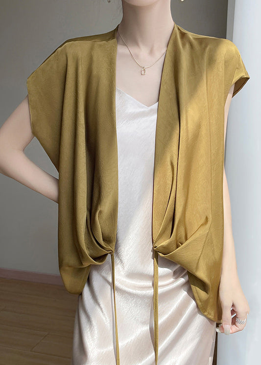 Loose Summer Lace V Up Silk Neck Gold Shirts FashionChic