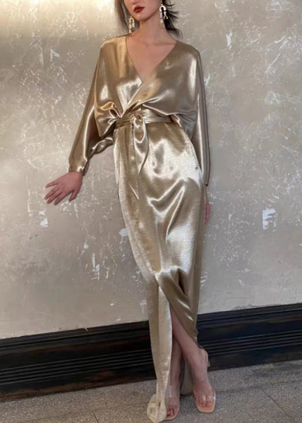 Silk V Neck Gold Waist Dresses Long Pockets Fall Loose Tie FashionChic